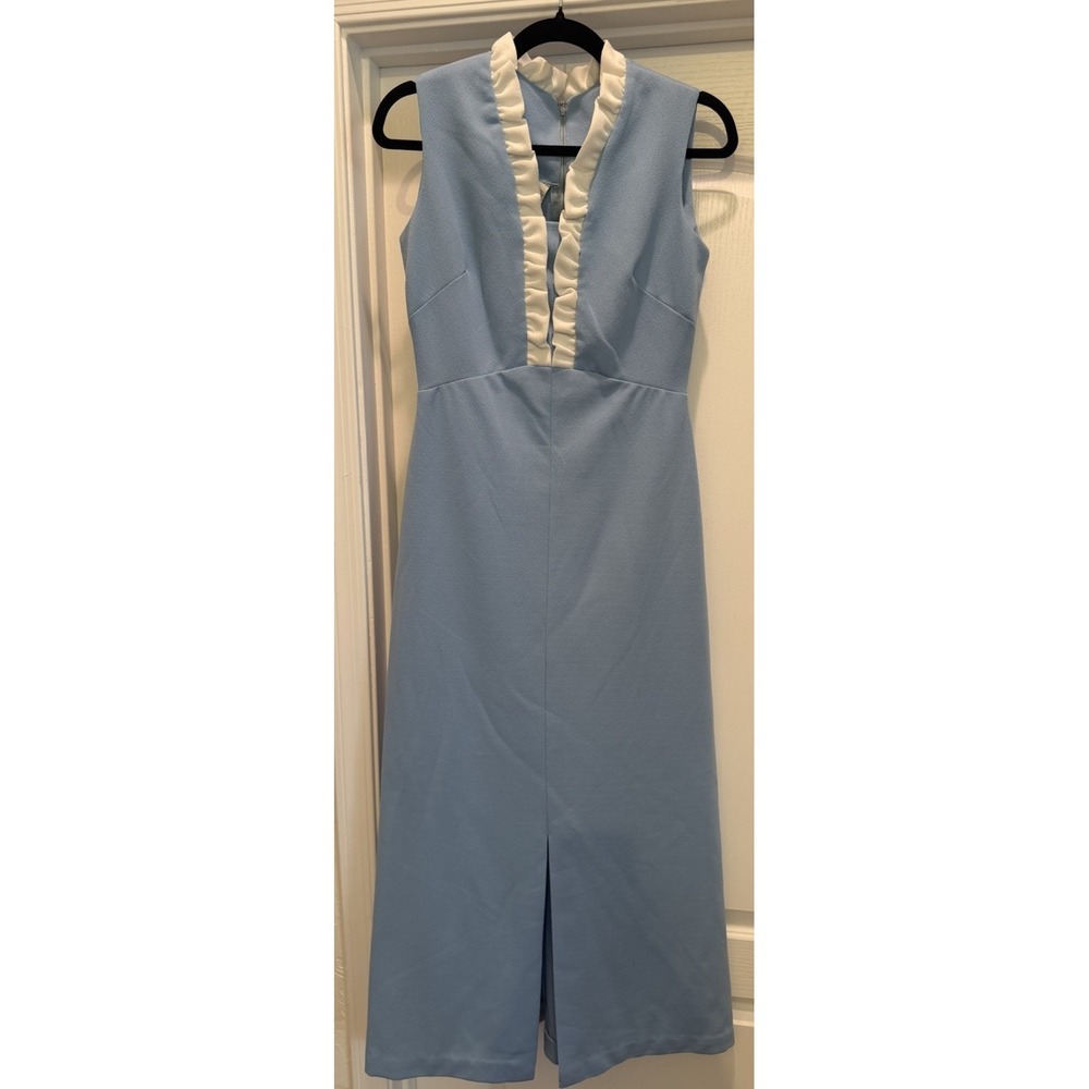Vintage 60s 70s Sears Fashions Blue Maxi Dress White Ruffle ILGWU XS S Retro